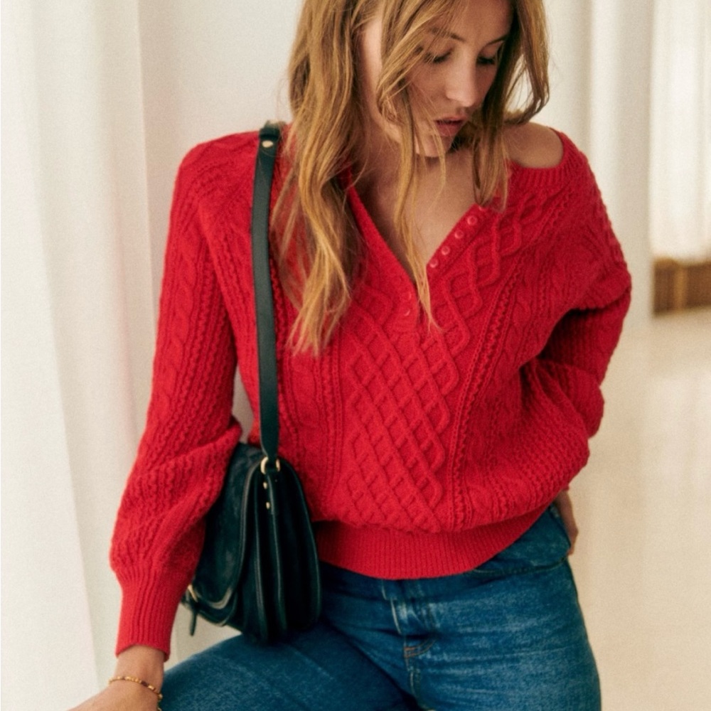 Sézane Organic Cotton Red Bree Jumper Women's Cable Knit Sweater NWT